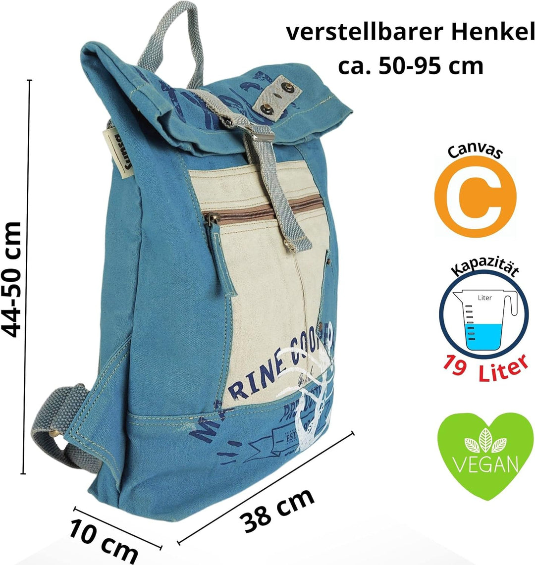 Sunsa Rucksack. XL Leinwand/Canvas Backpack. Rolltop Cityrucksack. Vegane Daypack in Maritim/Anker D