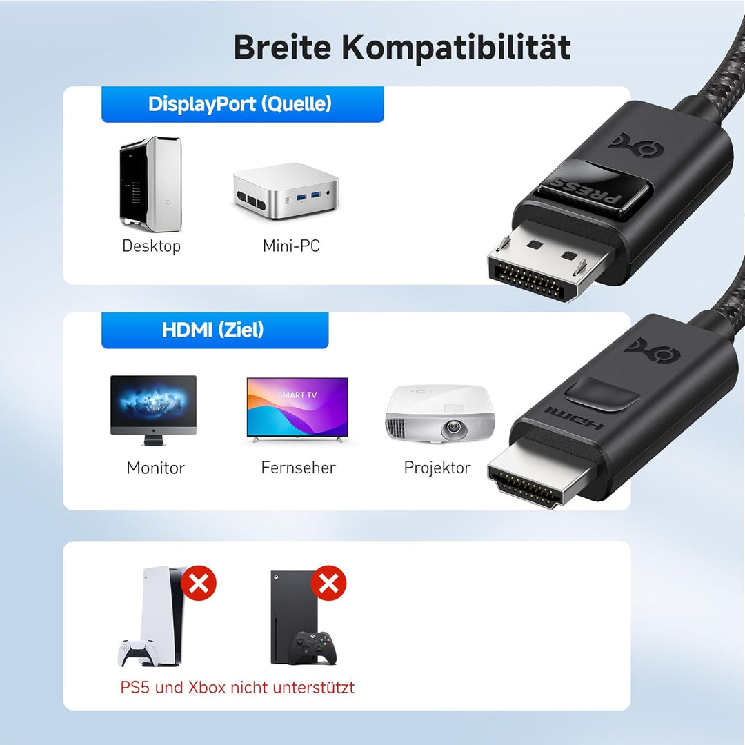 Cable Matters HDMI Displayport Kabel 1.4 mit 4K 120Hz oder 8K - 1,8m, unidirektionalem Displayport a