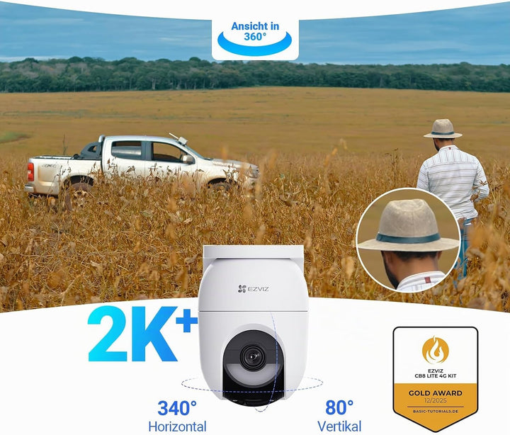 EZVIZ 4G LTE Überwachungskamera Aussen Solar, mit SIM Karte Slot, 360° PTZ Kabellose Kamera ohne WLA