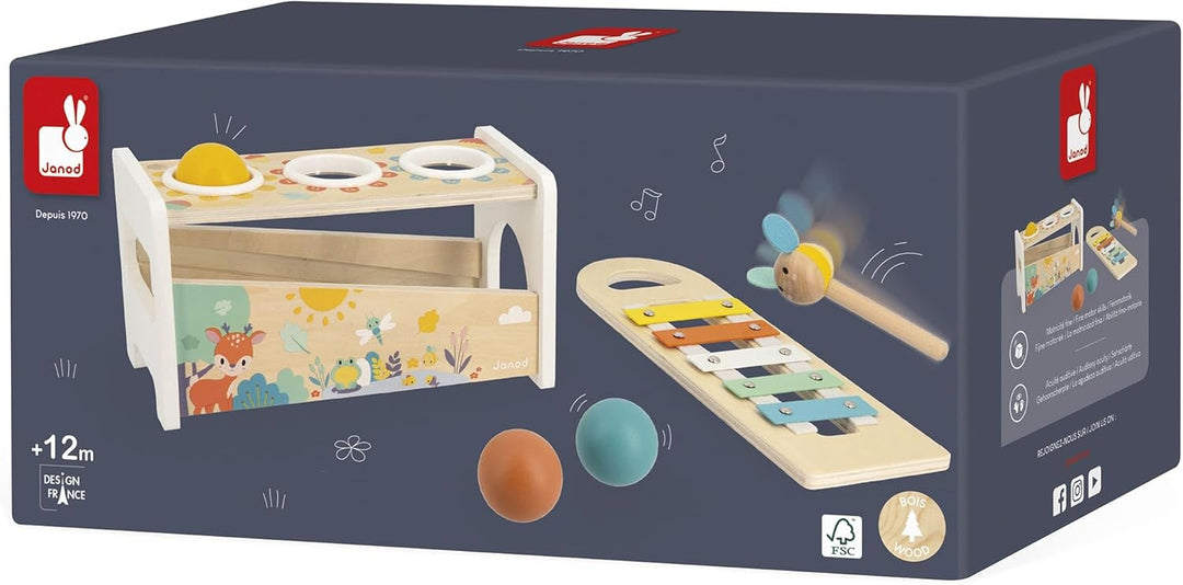 Janod Tap Tap Xylo Pure 2-in-1 Baby Musical Instrument - Awakening and Educational Game - Wooden Toy