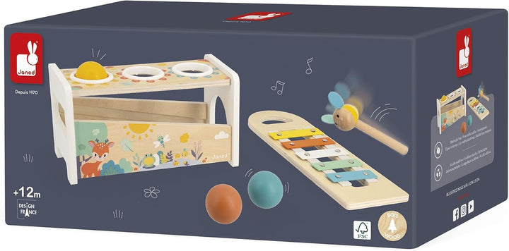Janod Tap Tap Xylo Pure 2-in-1 Baby Musical Instrument - Awakening and Educational Game - Wooden Toy