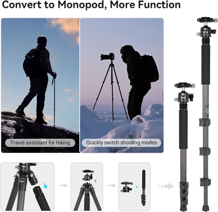SMALLRIG Leichtes, kompaktes Kohlefaser-Stativ mit abnehmbarem Einbeinstativ, 360°-Kugelkopf mit Sch