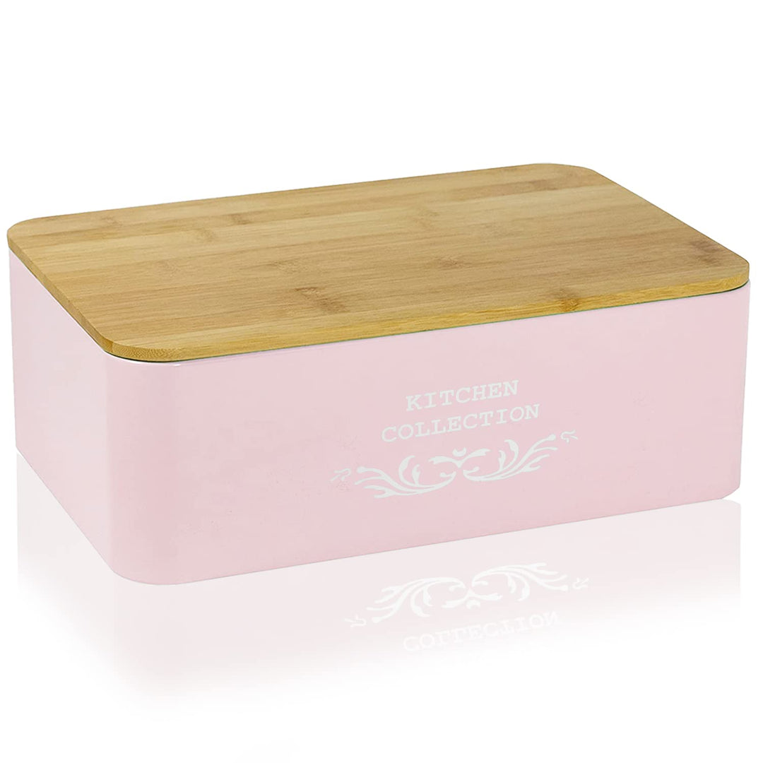 DRULINE Brotkasten mit Bambusdeckel - Brotaufbewahrung - Brotbox mit Schneidebrett - Brotkasten rosa