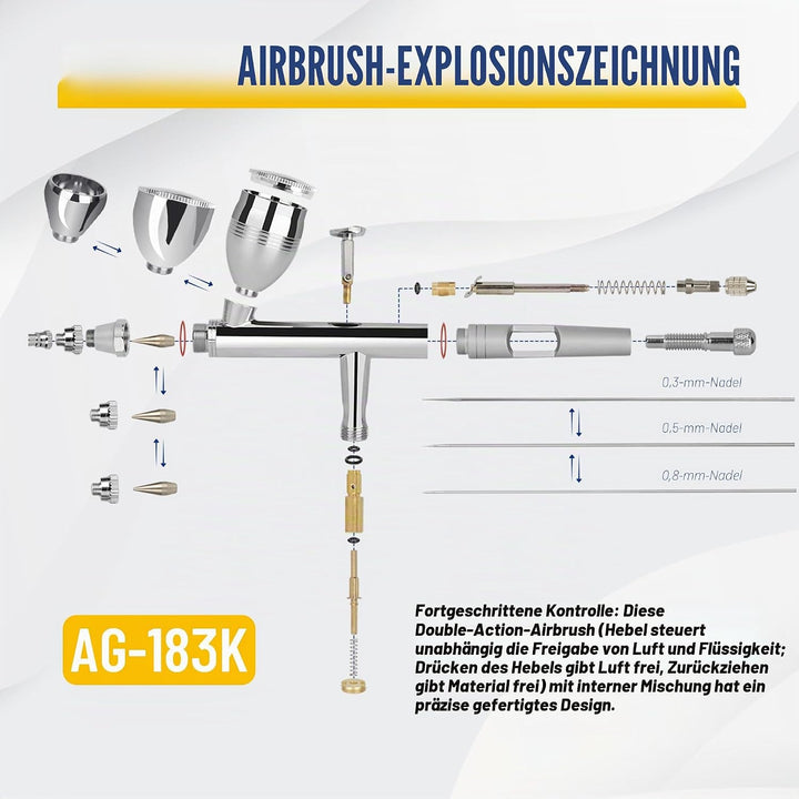 Airbrush Fengda FE-183K Präzisions-Dual-Action-Airbrush-Set für Schwerkraftzufuhr mit 3 Körbchengrös
