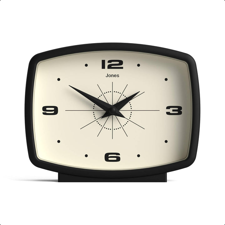 JONES CLOCKS® Schreibtischuhr 'Film' – rechteckiges Retro-Design in Schwarz, Cooler Look für Regal,