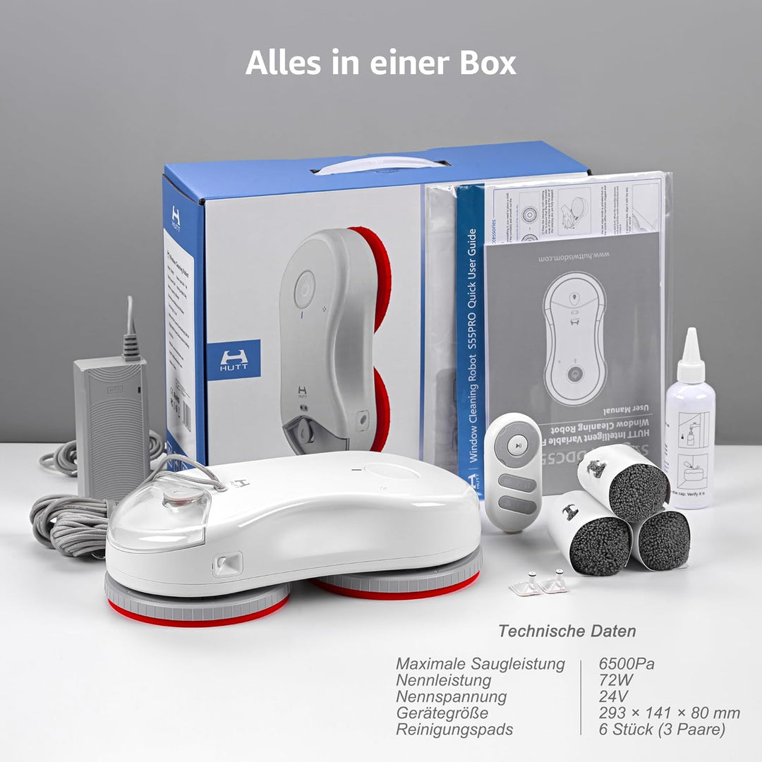 HUTT S55 Pro Fensterputzroboter mit 3D-Schwebepads, 6500Pa Saugkraft, HydroJet-Pumpspray, SLAM 4.0 N