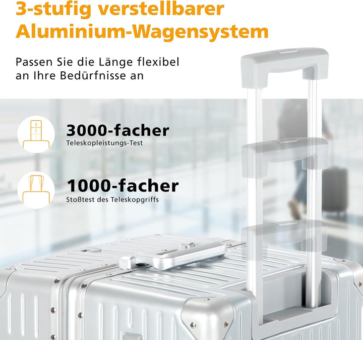 ALPHA CAMP Koffer Grösse TSA Schloss Suitcase Large Koffer L Silber 66L | Aluminium Rahmen &amp; Polycar