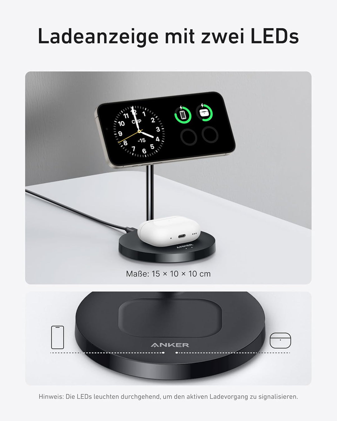 Anker MagGo 15W Magsafe Ladegerät kompatibel, 2-in-1 Induktive Ladestation, Qi2 Wireless Charger für