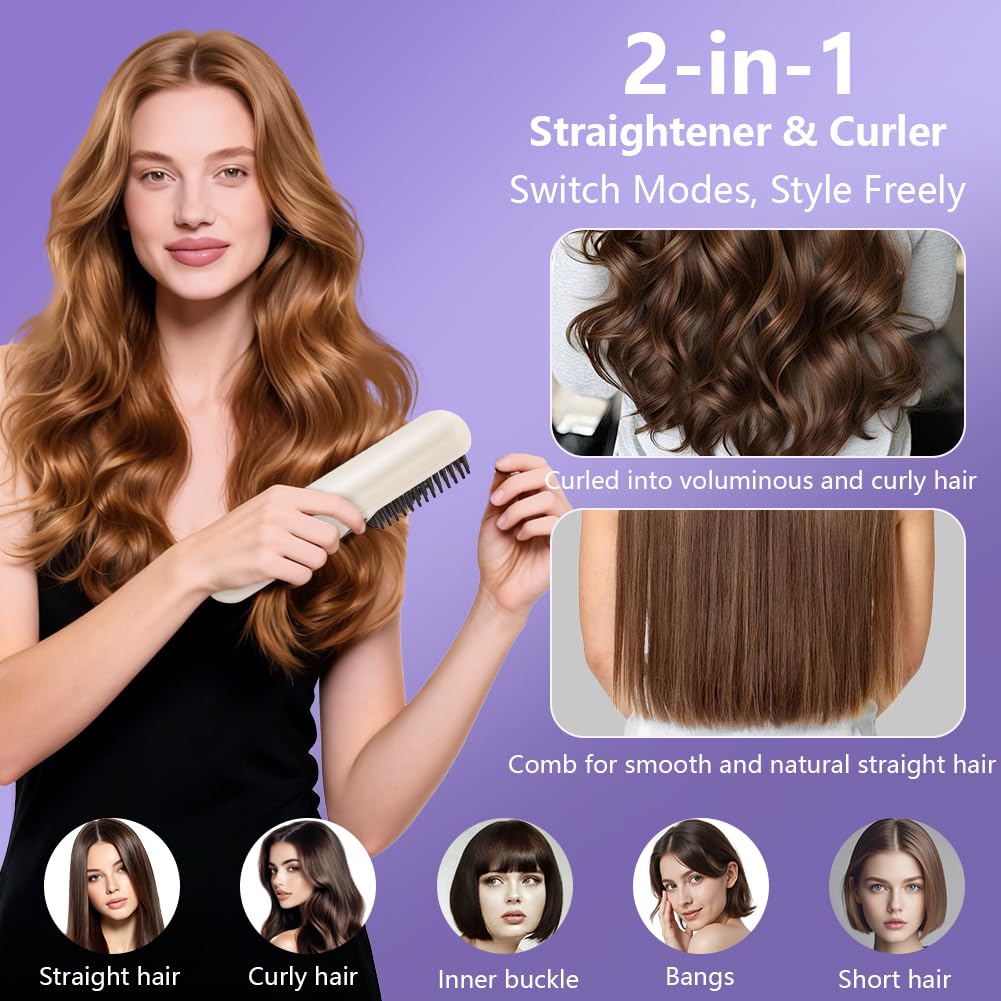 LOPHE Glättbürste, 2 in 1 Haarglätter Bürste mit LED Display, Hair Straightener Kabellos und Verbrüh