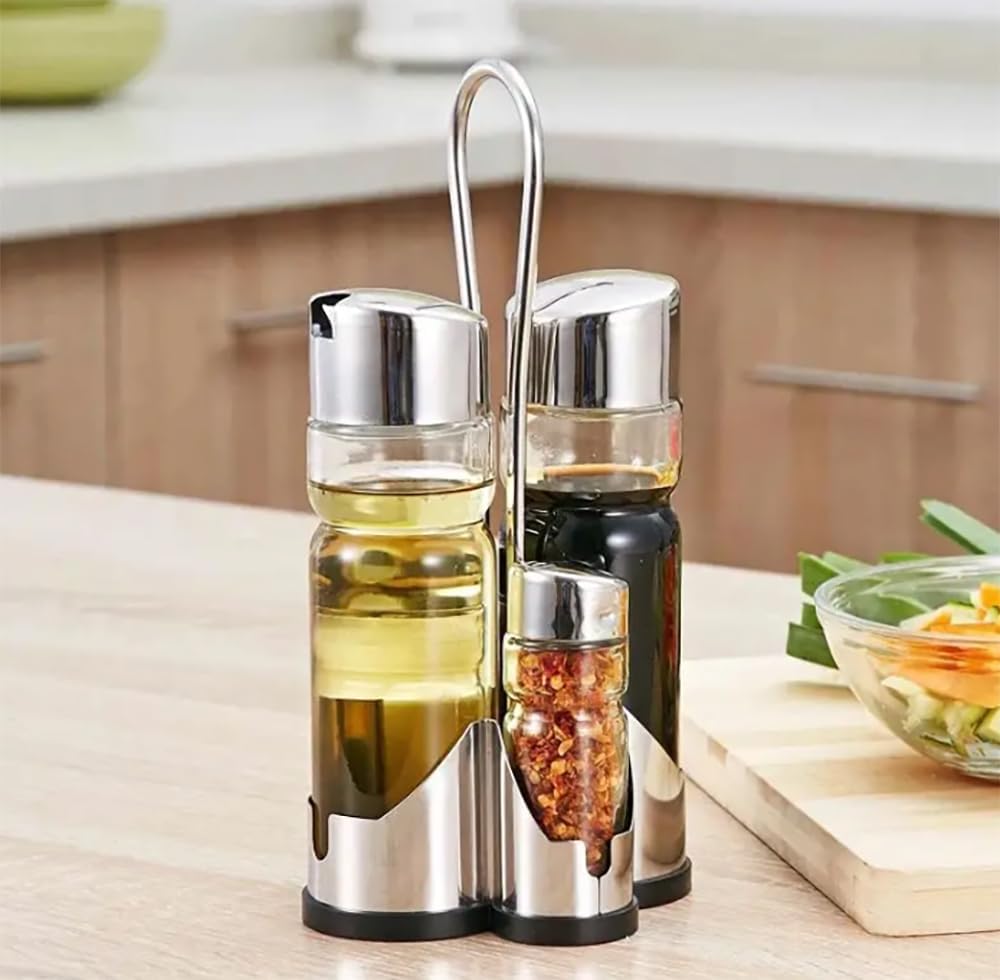 Essig und Öl Spender Set - 2 x 175 mL Glasflaschen und Metallhalterung mit Salz- und Pfefferstreuer