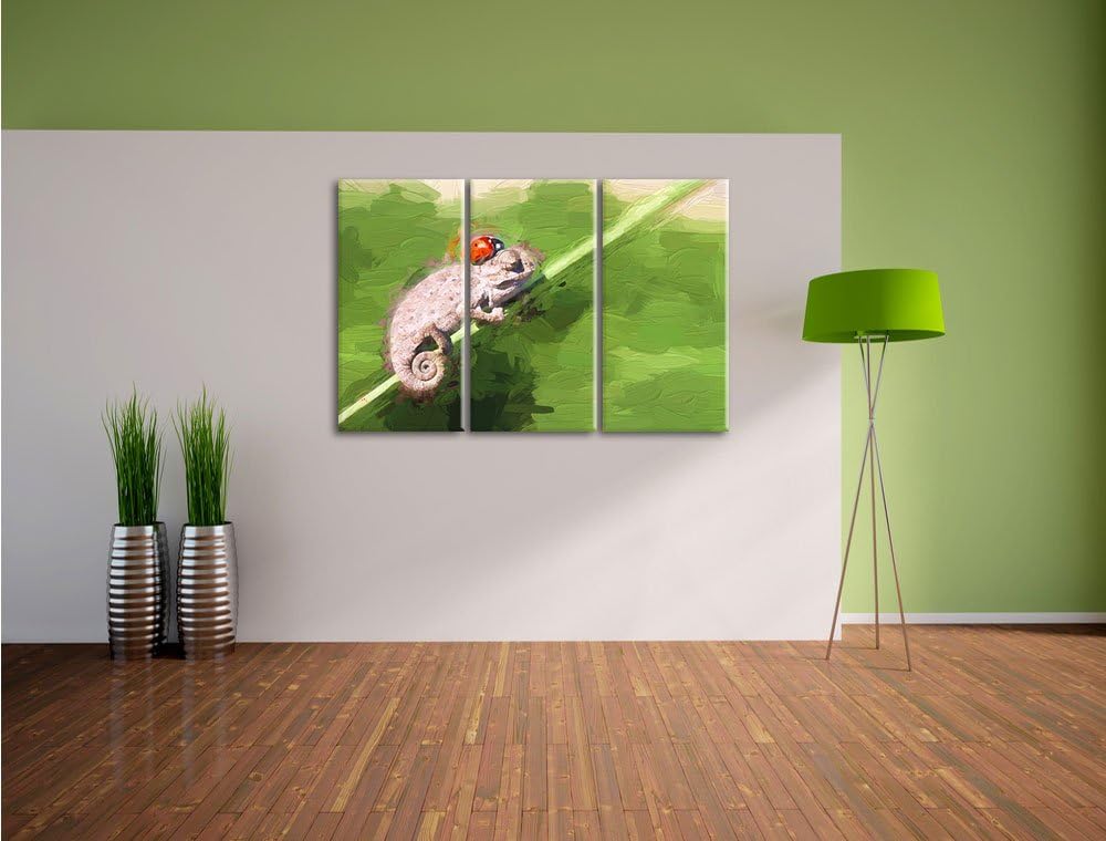 Pixxprint Gecko mit einem Marienkäfer als Leinwandbild/Grösse: 3 Teilig (120x80) cm/Wandbild/Kunstdr