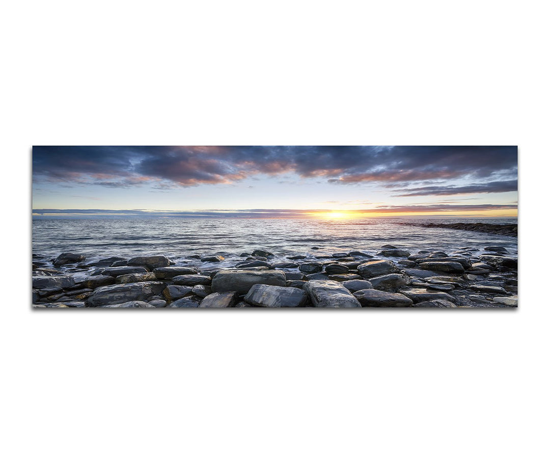 Paul Sinus Art Panoramabild auf Leinwand und Keilrahmen 150x50cm England Steine Meer Sonnenuntergang