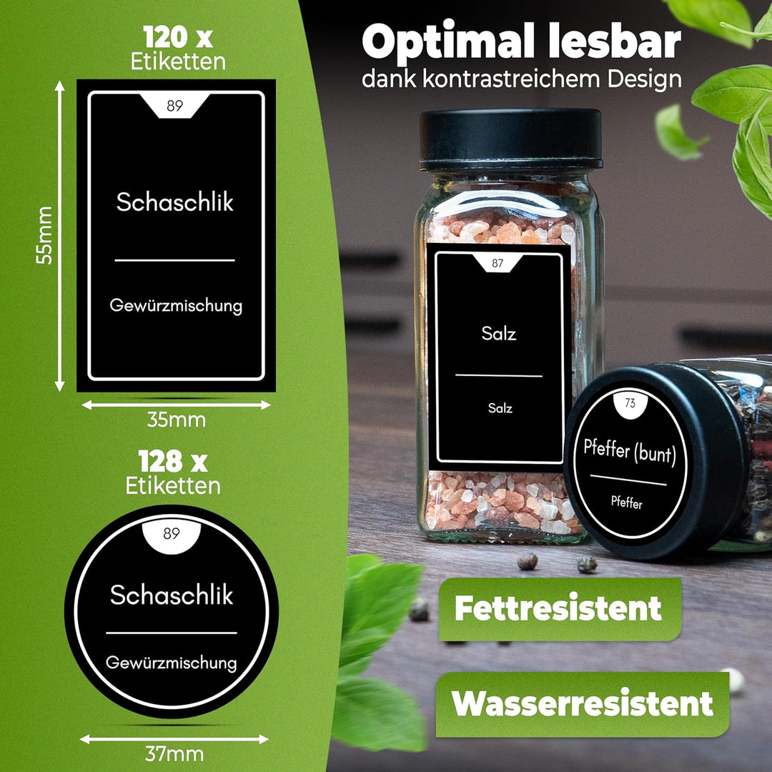 Gewürzgläser eckig [36 x 125ml], Luftdichte Gewürzgläser mit Streueinsatz + 248 wasserfeste Gewürzet
