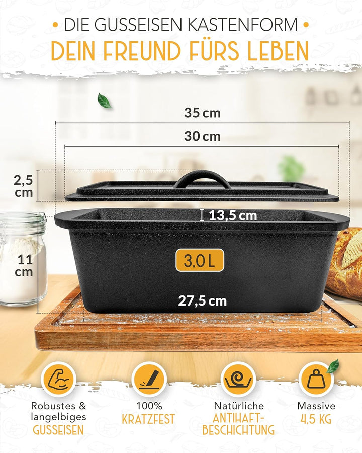 KRUSTENZAUBER Gusseisen Brotbackform mit Deckel - Robuste rechteckige 28cm Backform - Ideal als Kast
