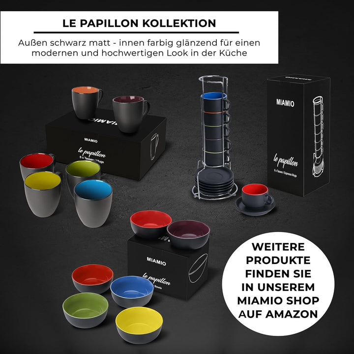 MIAMIO - 6 x 75 ml Espressotassen Set/Espresso Tassen Set mit Untertasse & Ständer - Kaffeetassen Se