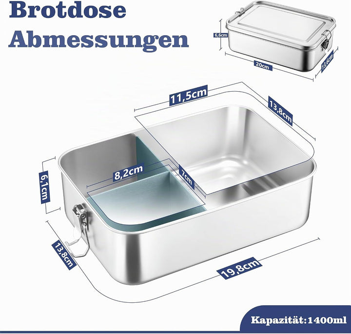 Homikit Brotdose mit Fächern, 1400ml Edelstahl Bento Box Lunchbox | für Kinder &amp; Erwachsene, Auslauf