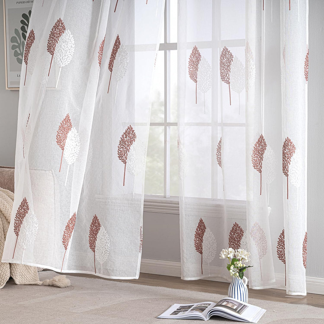 MIULEE Wohnzimmer Vorhänge Transparent mit Altrosa und Weiss Blätter Muster, Modern Stickerei Gardin