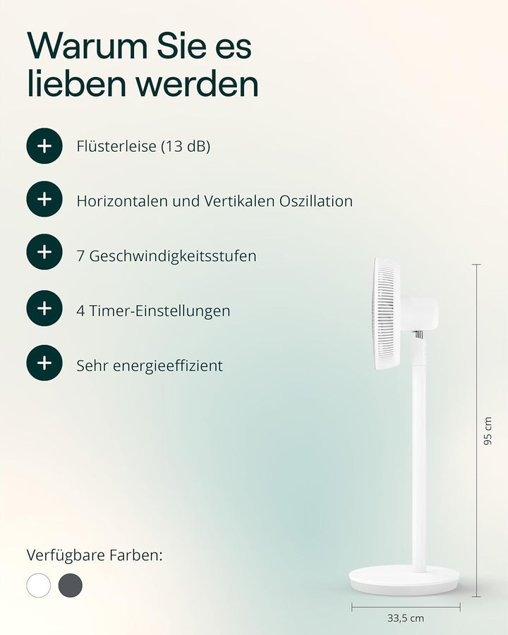 Duux Whisper Essence Standventilator sehr Leise - 120° Oszilation - 7 Geschwindigkeitsstufen - 8-std
