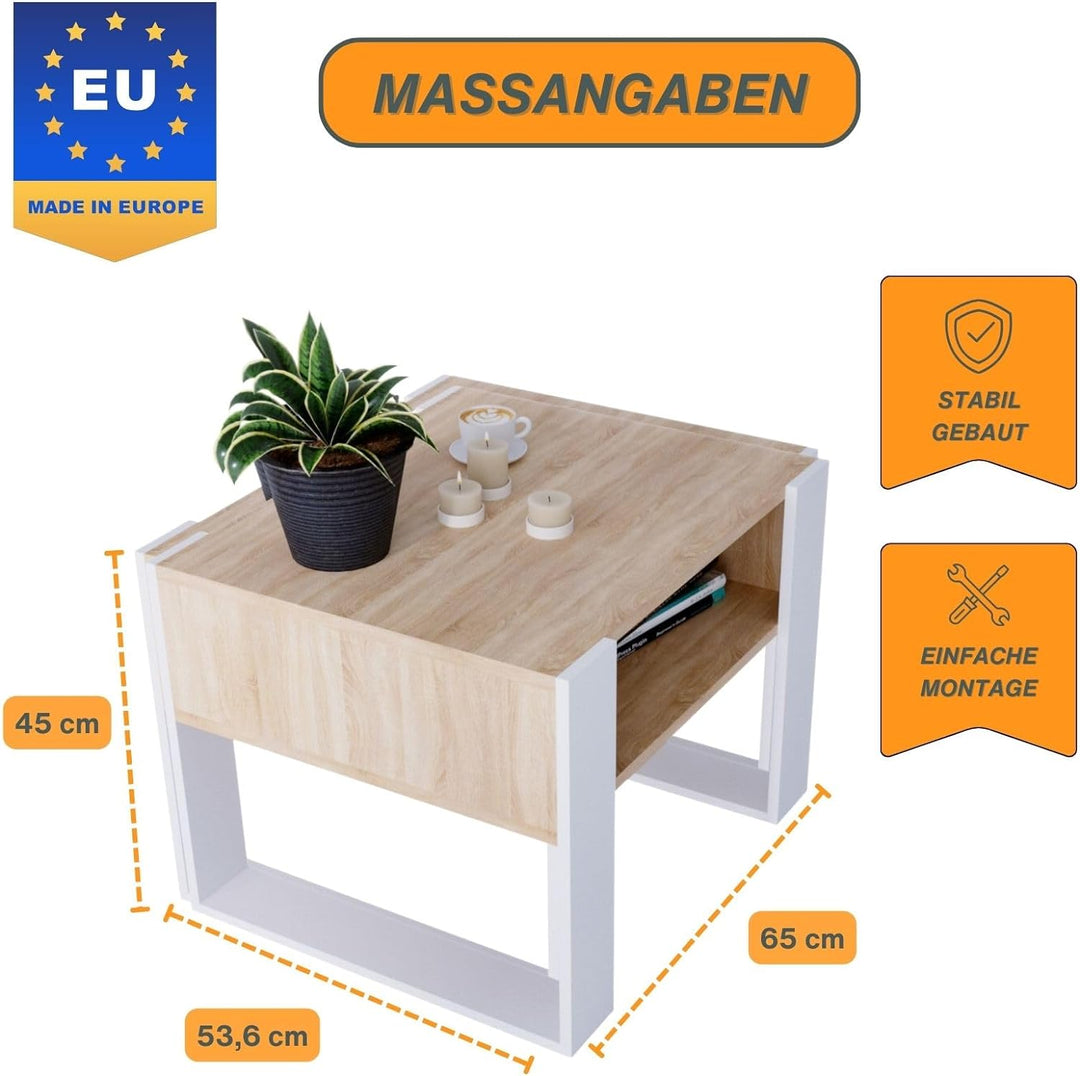 CraftPAK Wohnzimmer Tisch für Couch aus hochwertigem Holz, Stabiler & moderner Couchtisch mit zusätz