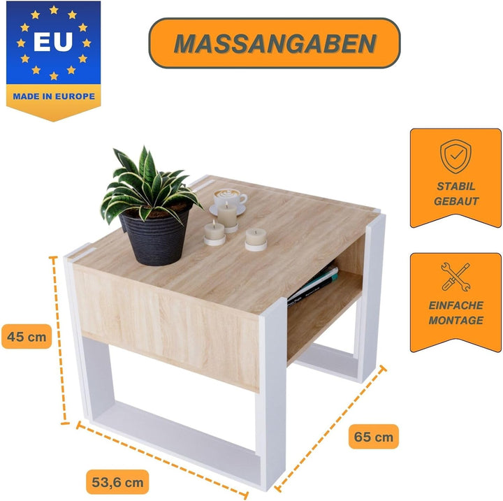 CraftPAK Wohnzimmer Tisch für Couch aus hochwertigem Holz, Stabiler & moderner Couchtisch mit zusätz