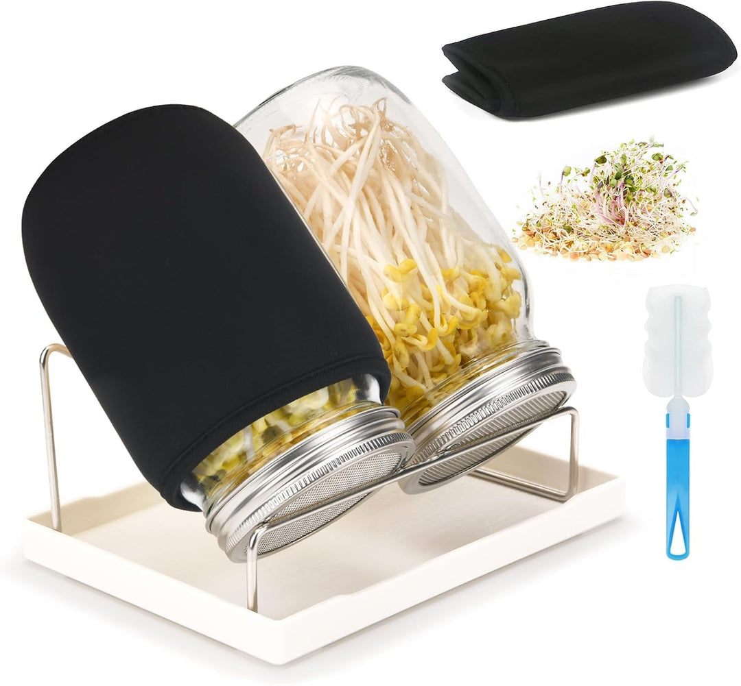 Sprossenglas, Sprossen Keimglas 2er Set, Sprouting Jar mit Deckel, Sieb & Abtropfschale, Sprossen Ke