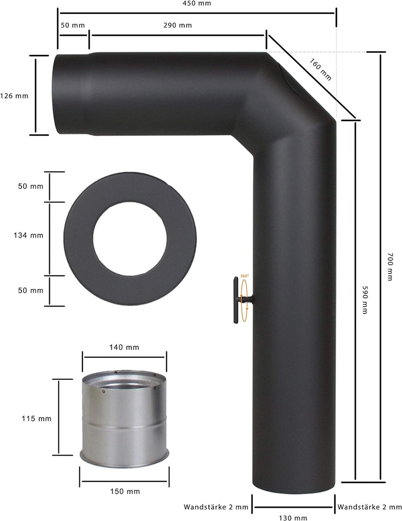 LANZZAS Ofenrohr-Set 2x abgewinkelt, im Durchmesser DN 130 mm, Farbe: schwarz - weitere Rohre aus un