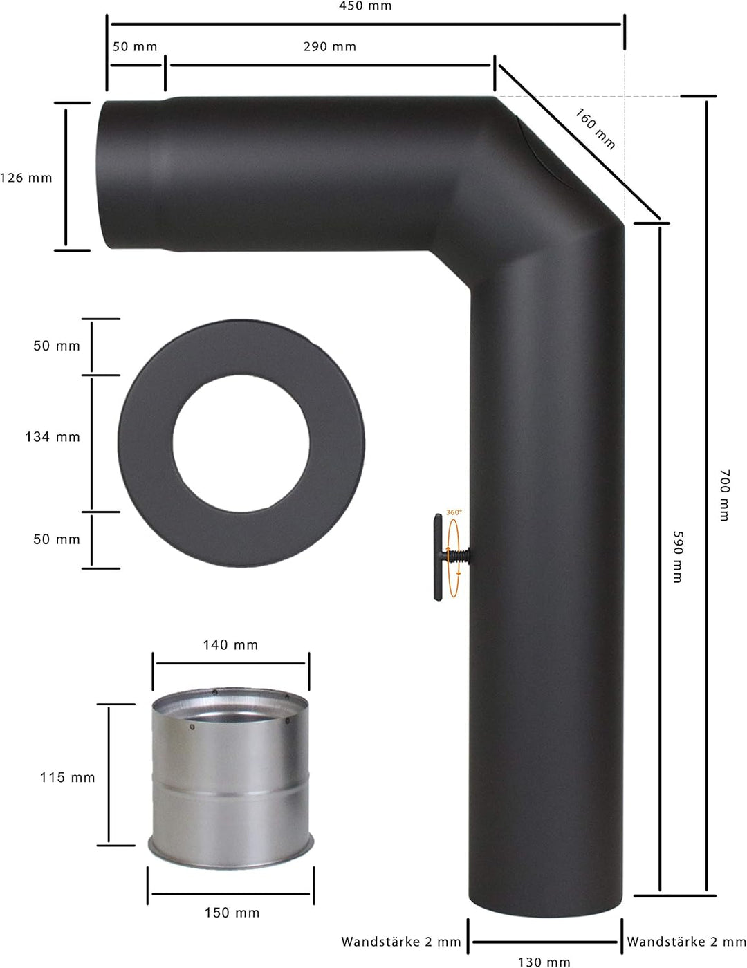 Ofenrohr-Set 2x abgewinkelt, im Durchmesser DN 130 mm, Farbe: gussgrau - weitere Rohre aus unserem S