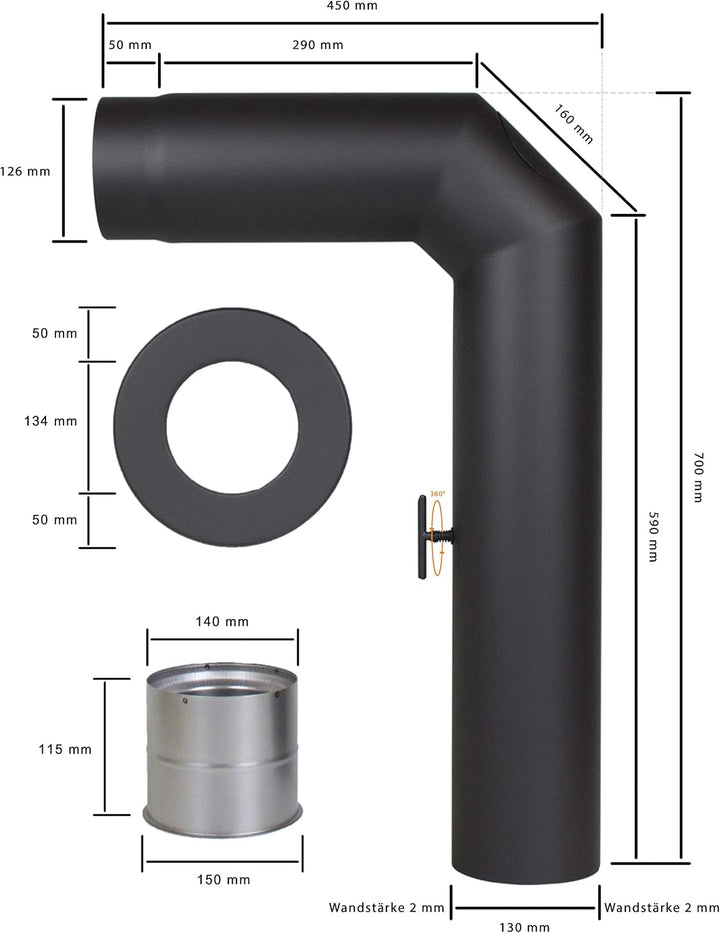 Ofenrohr-Set 2x abgewinkelt, im Durchmesser DN 130 mm, Farbe: gussgrau - weitere Rohre aus unserem S