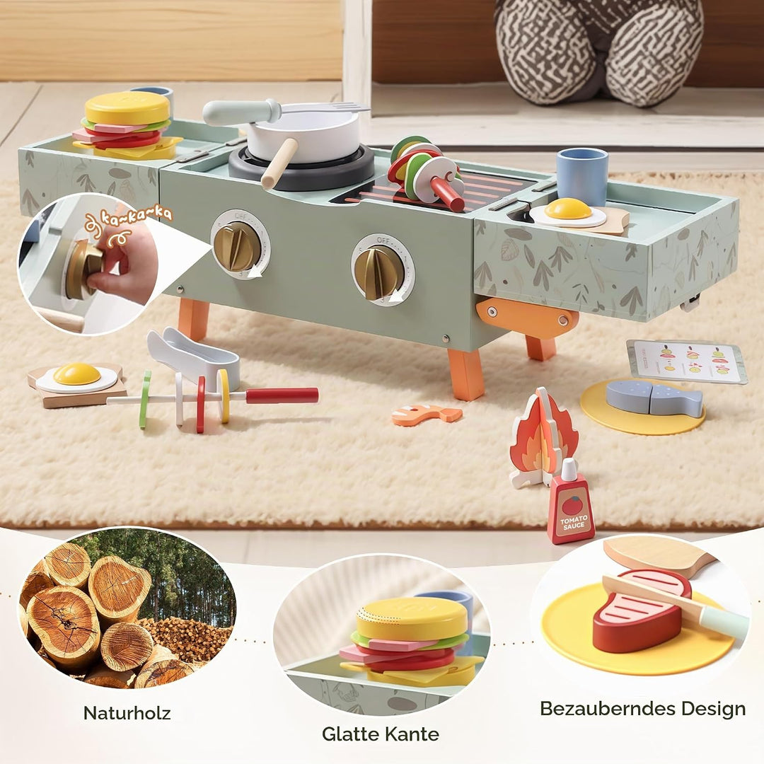 Grillset Kinderküche Spielküche Zubehör Holz, Faltbare Küchenspielzeug ab 3 Jahre, Lebensmittel Spie