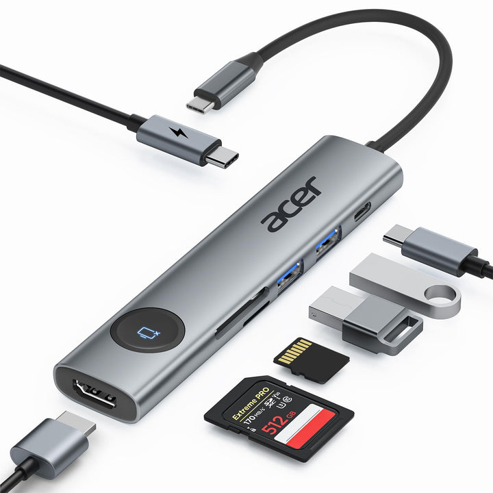 acer USB C Hub 7 in 1, 4K@60Hz HDMI Adaptermit PD 100W, 2X USB 3.0, Kartenleser und Bildschirmsteuer