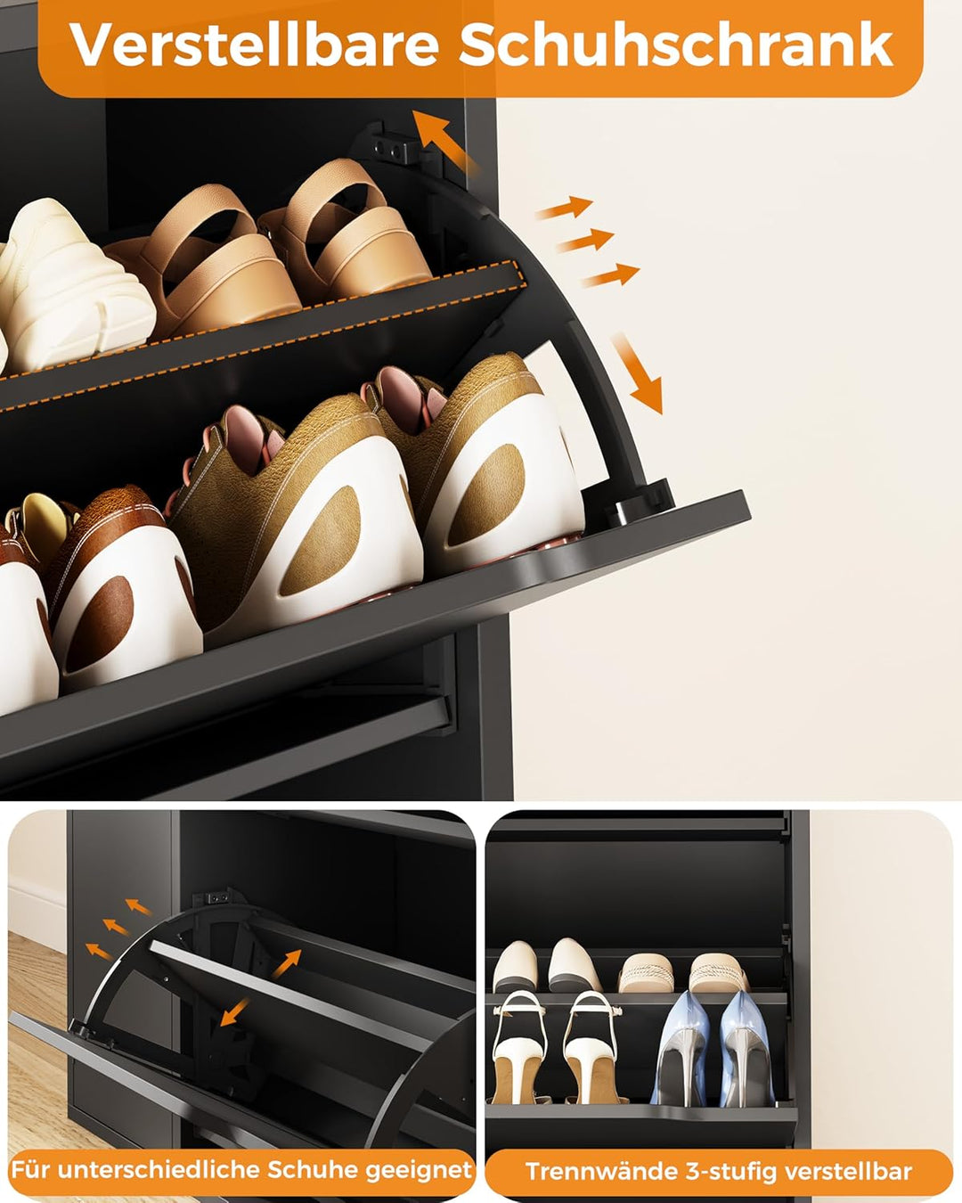 IRONCK Schuhschrank mit 3 Klappen, Schuhkipper Schmal mit Tür, Schuhregal Flur freistehend, Schuhkom