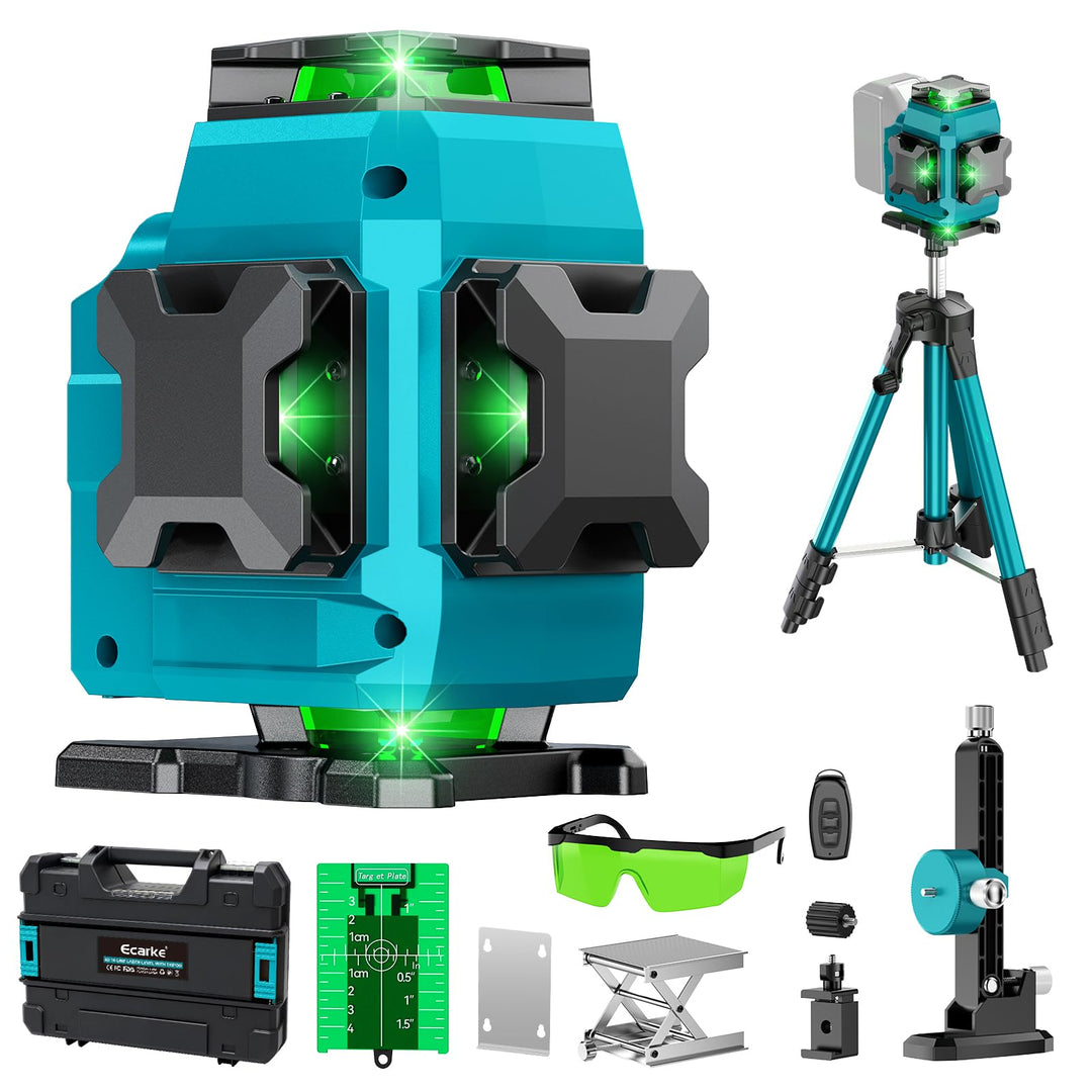 Ecarke 4D Kreuzlinienlaser Grün 16 Linien 4x360° mit Stativ, kompatibel mit Makita 18V Akku, Selbstn