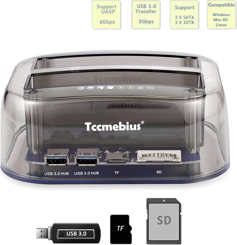 Tccmebius TCC-S866 USB 3.0 zu SATA Doppel Bay Extern Festplatte Dockingstation mit USB 3.0 Hub und K