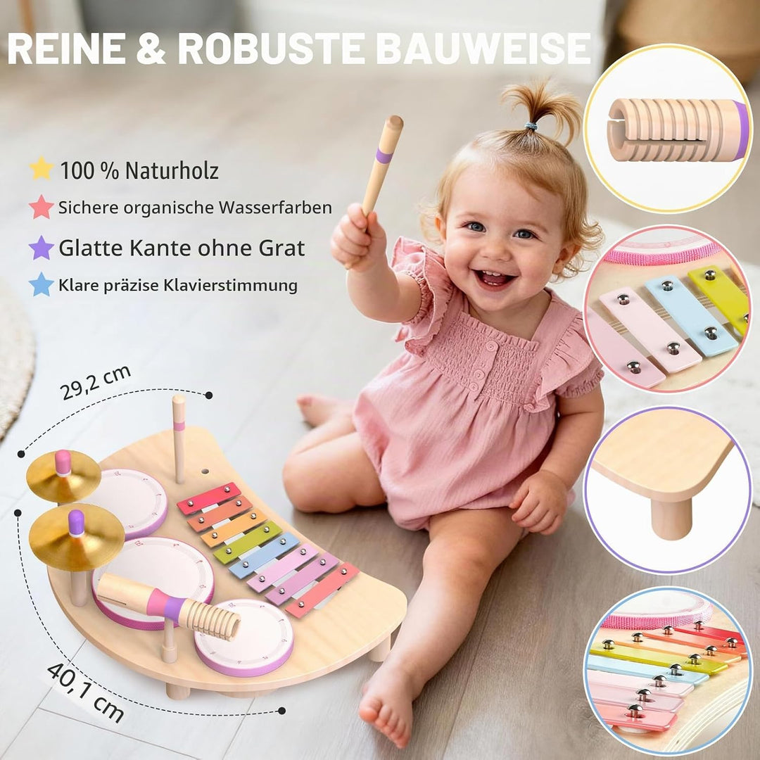 Holztrommelset - Montessori-Musikinstrumente für Kleinkinder, Schlagzeug-Set aus Holz mit Xylophon,