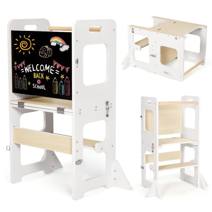 Labebe Lernturm ab 1 Jahr, Montessori Learning Tower mit Tafel, 3 in 1 Multifunktion Lernturm Klappb