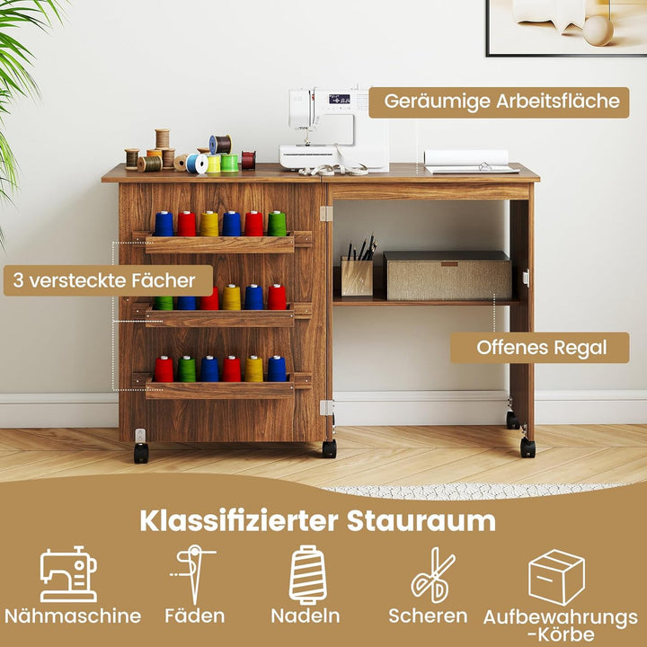 COSTWAY 2 in 1 Nähschrank & Schreibtisch klappbar, Nähtisch aus Holz mit 3 Einlegeböden für Spulen &