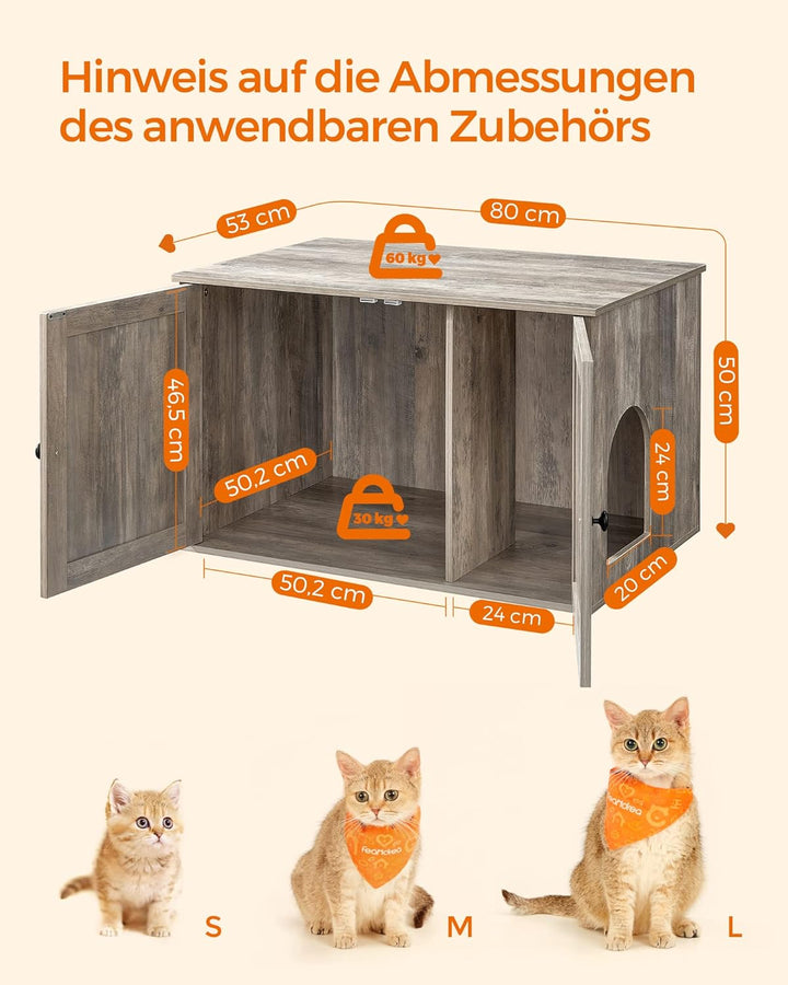 Feandrea Katzenhaus, Katzenklo-Schrank mit herausnehmbarer Trennwand, Tisch, 80 x 53 x 50 cm, Greige