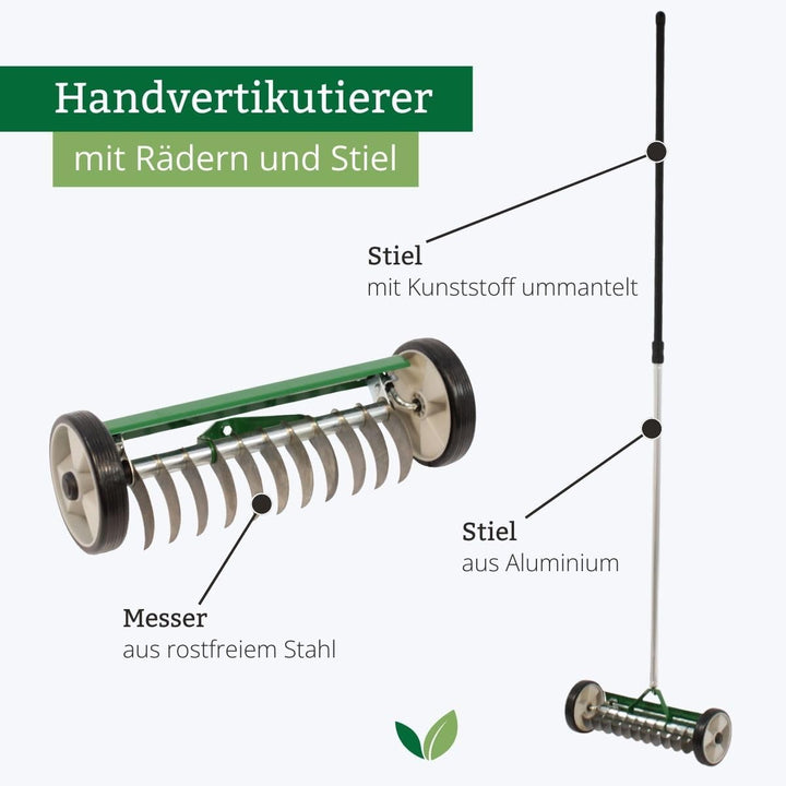 Rekord Handvertikutierer (Stahl) Arbeitsbreite 32 cm mit Aluminiumstiel (180 cm) Rasenlüfter, Moosen