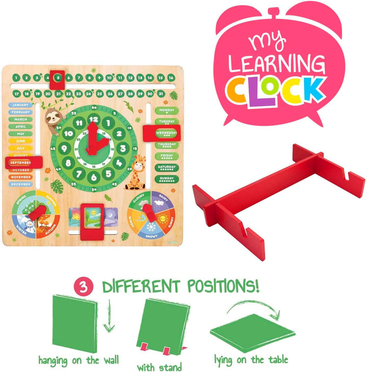 CRAZE My Learning Clock Animals ENGLISCHE SPRACHE - Lernuhr Kinder Holz, Kalenderuhr zum Lernen für