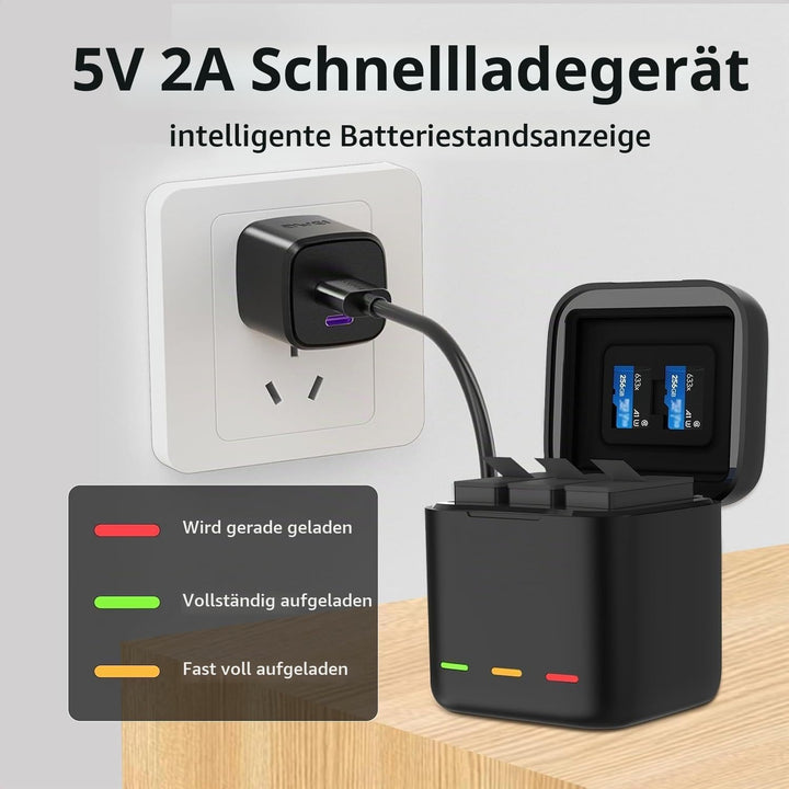 Akku-Ladegerät für Go Pro Hero 13 Black, Triple Slot USB-Ladekoffer mit Type-C Kabel Akkus Tragetasc