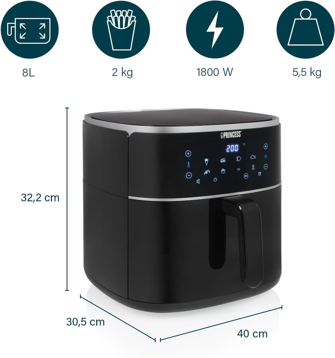Princess Digitale Heissluftfritteuse – Füllmenge des Behälters variierbar – 8 L maximal – 6 voreinst