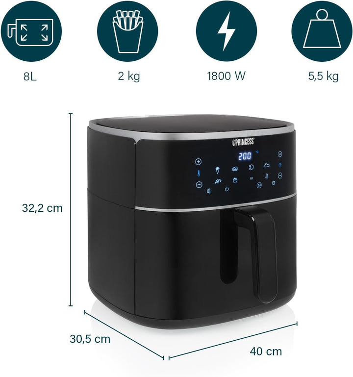 Princess Digitale Heissluftfritteuse – Füllmenge des Behälters variierbar – 8 L maximal – 6 voreinst