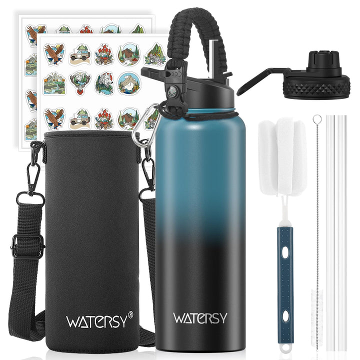 WATERSY Isolierte Edelstahl Thermosflasche 40oz Vakuumisolierte Trinkflasche mit 2 Deckel Auslaufsic