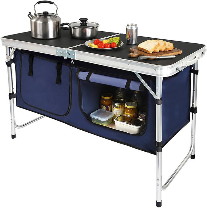 Campingküche faltbar, Leicht Campingschrank mit Aluminiumgestell, Campingtisch Klappbar mit Staufach