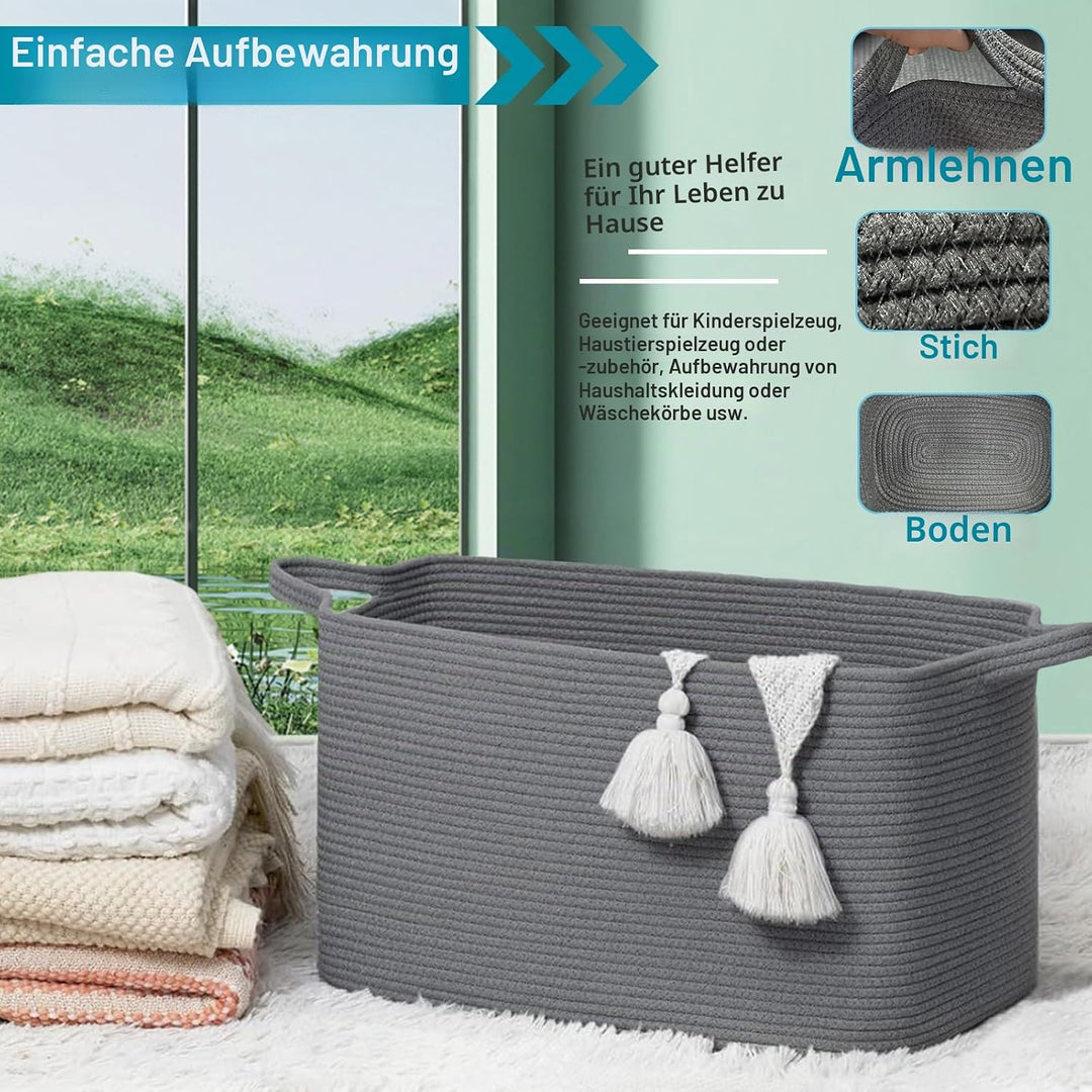 Baumwollseil Aufbewahrungskorb Square(63L, Dunkelgrau), Aufbewahrungskorb Kinder mit Griffen, Korb A