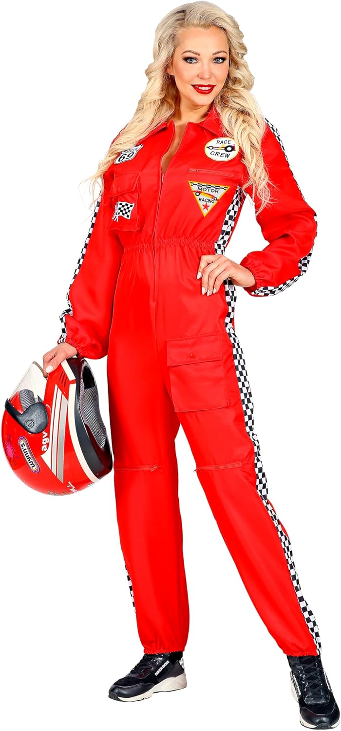Widmann Rennfahrer Kostüm Overall Jumpsuit rot Anzug exklusiv (Damen Overall, Small) Rot S, Rot S