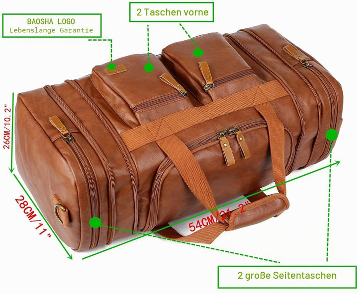 HB-21 Reisetasche, Wochenendtasche, Leder, zum Handgepäck, für Damen und Herren, braun, Braun