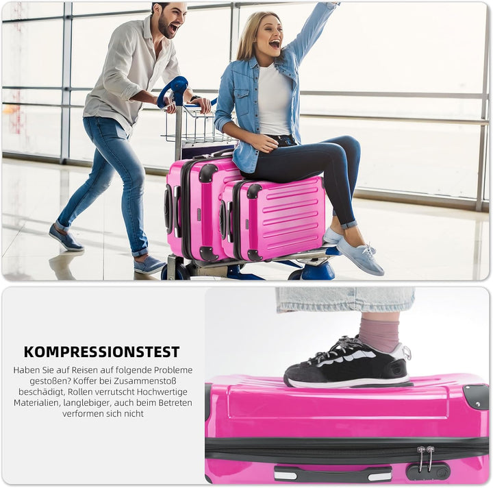 BEIBYE Hartschalen Koffer Trolley Rollkoffer Reisekoffer 4 Zwillingsrollen Polycabonat (Pink, 66cm -