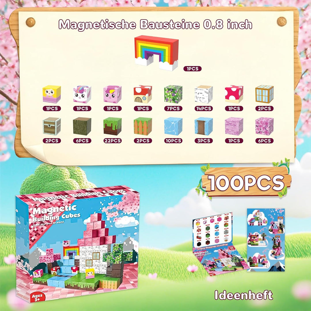 Magnetische Bausteine 100PCS - Baue Dein Magisches Einhorn mit Wald, Tieren, Prinzessin & Schloss! F