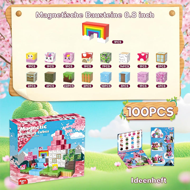 Magnetische Bausteine 100PCS - Baue Dein Magisches Einhorn mit Wald, Tieren, Prinzessin & Schloss! F
